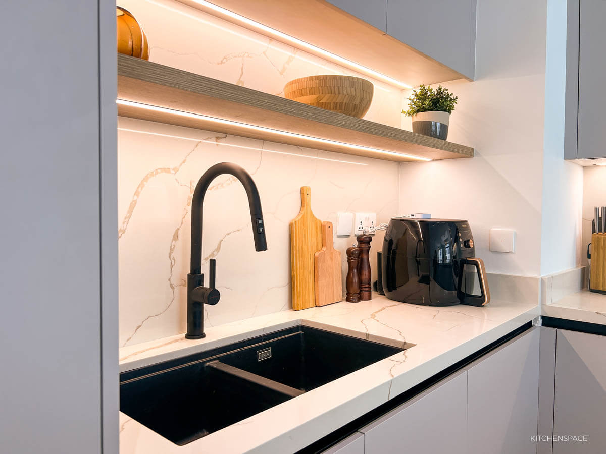 Modern Grey Kitchen  with Waterfall Island
